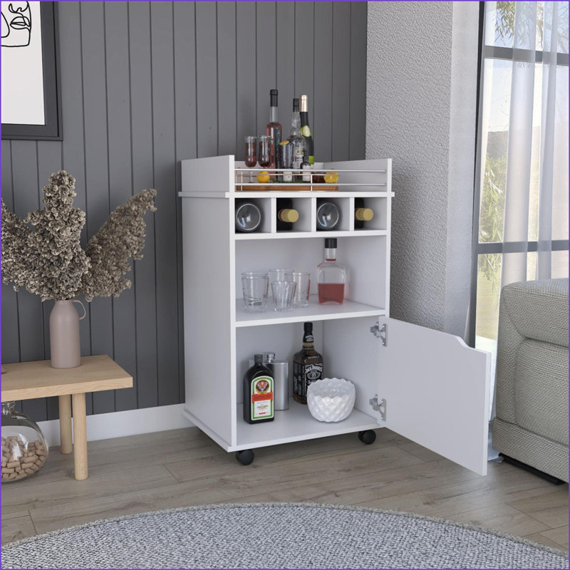 Chariot-bar avec 2 tablettes ouvertes, 4 casiers Armoire | Blanc cassé | Bois d'ingénierie moderne