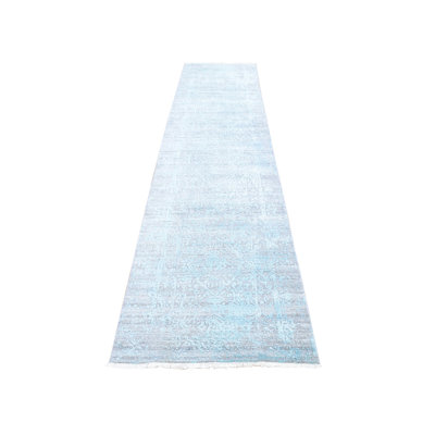2'7" x 14'0" New Hand Knotted Blue Wool & Silk Runner Oriental Rug - MOA10266988