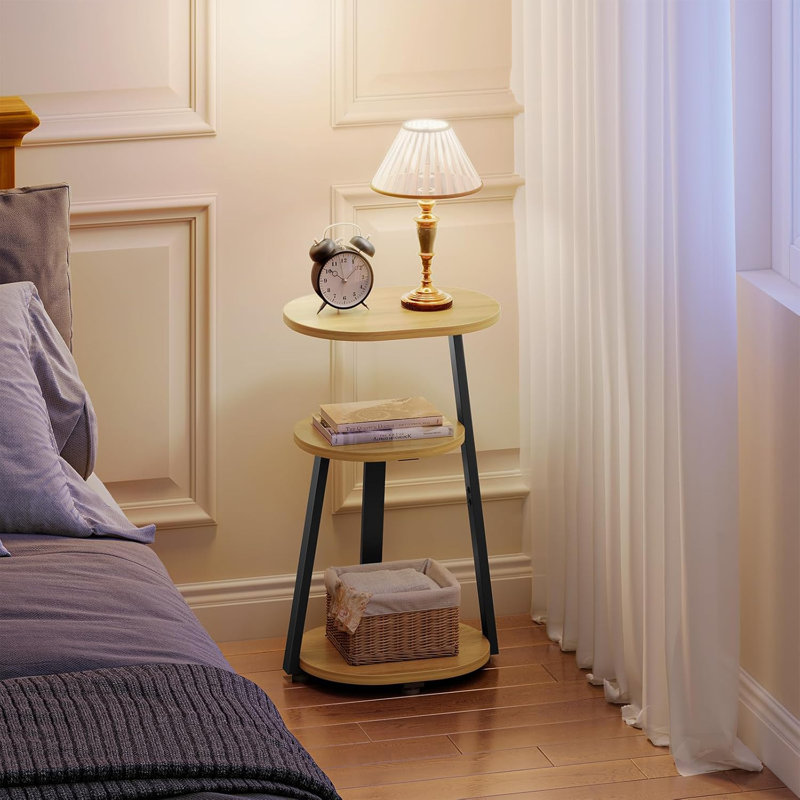 Table d'appoint moderne ovale avec rangement à 3 niveaux, structure en métal et finition chêne, table de bout compacte pour le salon, la chambre à coucher, le canapé ou la salle de bain