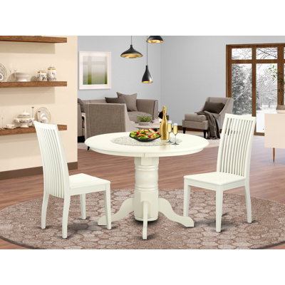 Ensemble de salle à manger 3 pièces pour petits espaces comprenant une table de cuisine ronde avec pied central et 2 chaises, 107 x 107 cm, blanc lin