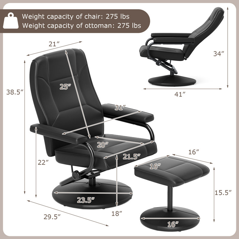 Fauteuil inclinable ergonomique avec repose-pieds Bernalee, Similicuir noir