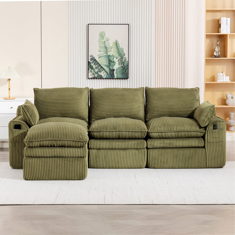 Canapé modulaire en L avec repose-pieds mobile, Velours côtelé émeraude