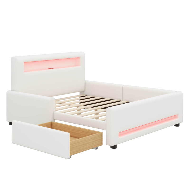 Lit plateforme double avec tiroir, éclairage à bande DEL et connectivité USB, Lit double, Blanc