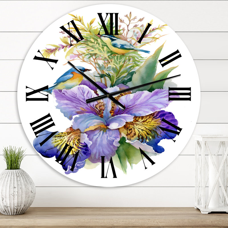 Iris mauve avec oiseaux - horloge murale traditionnelle, Petit