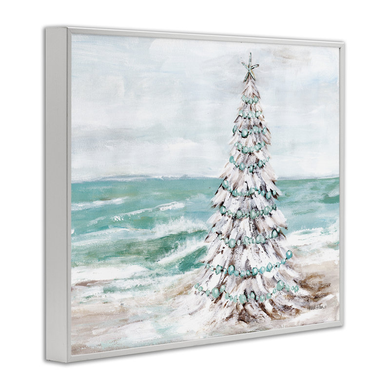Arbre de Noël enneigé sur la plage, estampe numérique encadrée par Amanda Hilburn, H 30 po x l 24 po