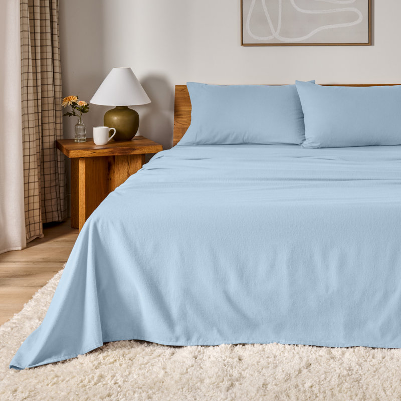 100% Cotton Flannel Sheet Set, Light Blue, Full / Double Sheet Set with 2 Pillowcases