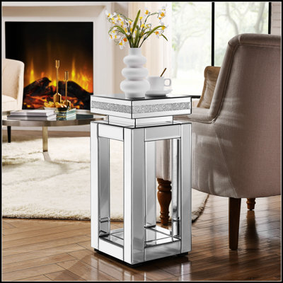 Table de bout en miroir avec incrustation de cristaux, petit canapé moderne à 2 niveaux avec rangement, décor argenté pour le salon et la chambre à coucher