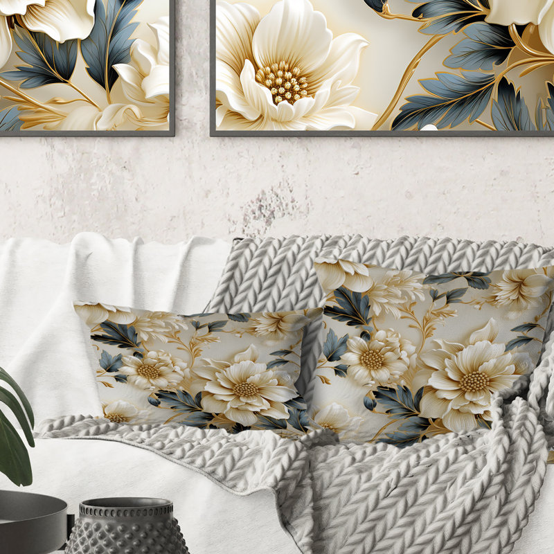 Coussin décoratif en polyester doré blanc et bleu Elegance II, H 16 po x l 16 po