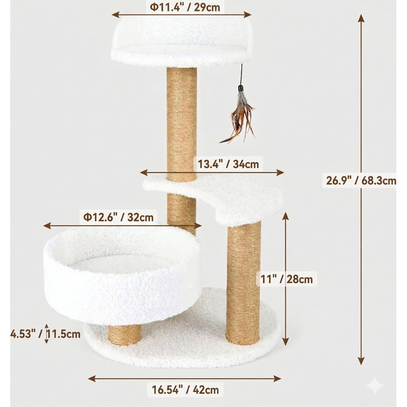 Tour à chat moderne pour petits chats d'intérieur, poteau à griffer en sisal, hamac, perchoir, lit, jouet en plumes, assemblage facile, conception d'activités