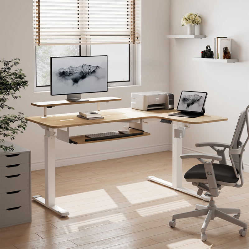 Marquasha Dual Motor L-Shaped Electric Standing Desk with LED and Monitor Stand, Right Hand Return, Maple/White