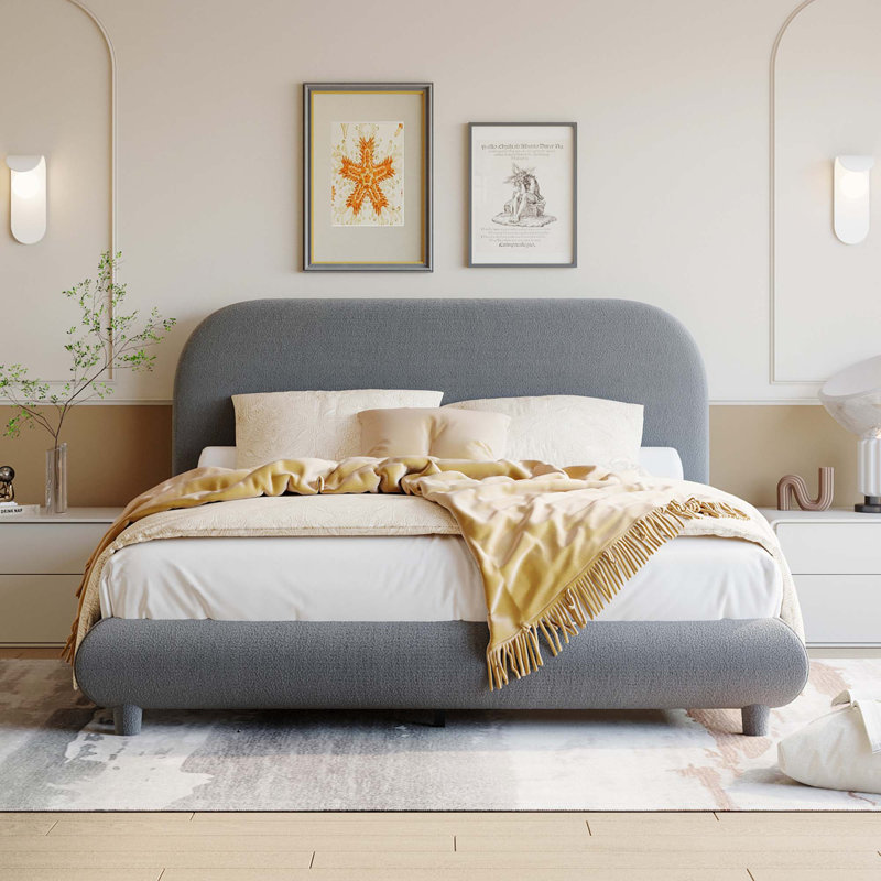 Lit plateforme en tissu d'ameublement Teddy, Gris, Double