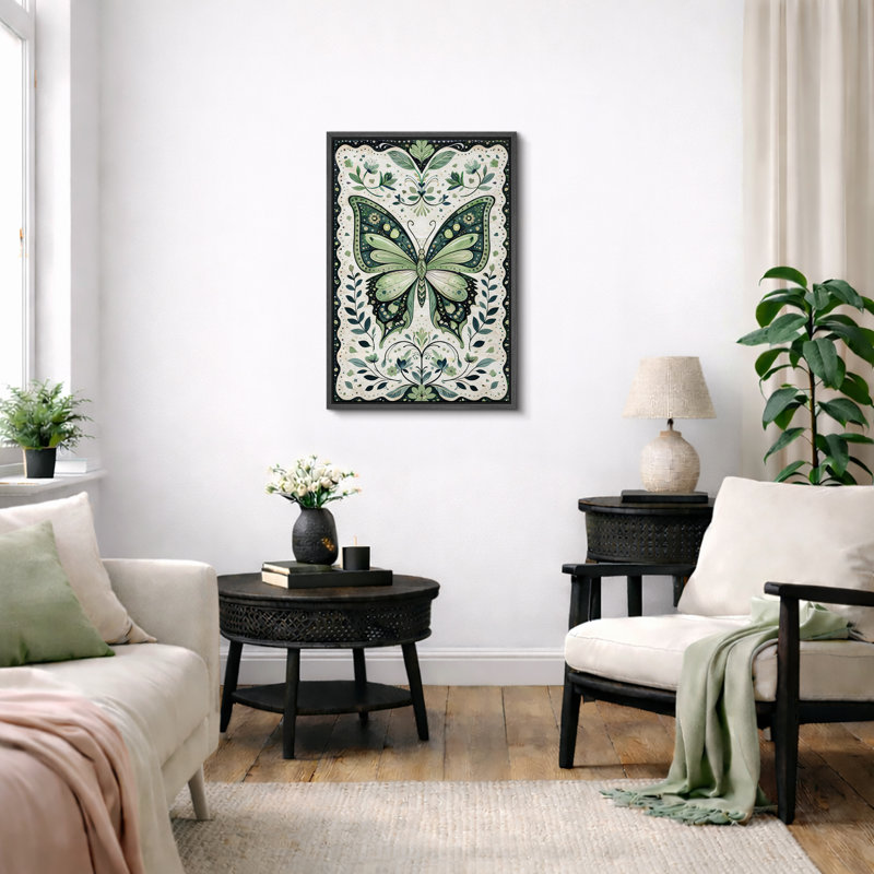 Œuvre d'art rétro à motif de papillons verts, photos de chambre à coucher, impression sur toile encadrée, Cadre noir