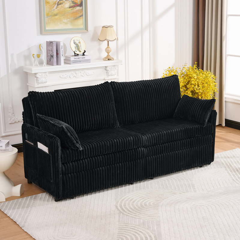 73"Convertible Sofa Bed,Pull Out Bed,3-in-1 Sofa with Side Pocket& USB Ports,Modern Corduroy Couch for Living Room, Small Space, Apartment, Bedroom, Black