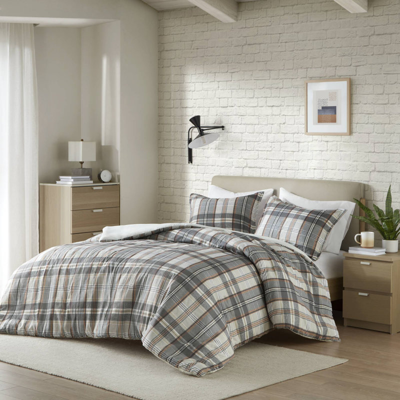 Tan and Gray Plaid Cotton Full/Queen Duvet Cover Set