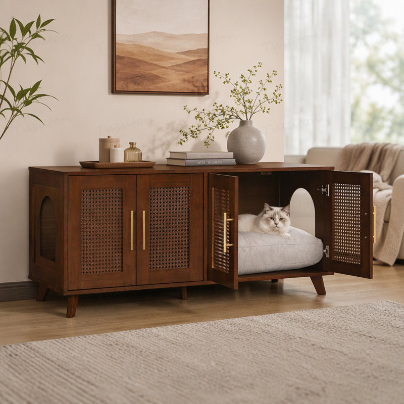 Armoire pour chat d'intérieur en bois d'hévéa avec coussin moelleux, Noyer