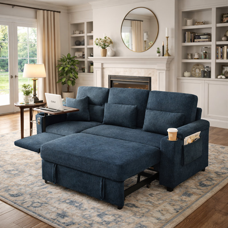 Canapé-lit pliant 95 po, canapé-lit coulissant pour 3 personnes avec table et ports USB, dossier réglable, Bleu