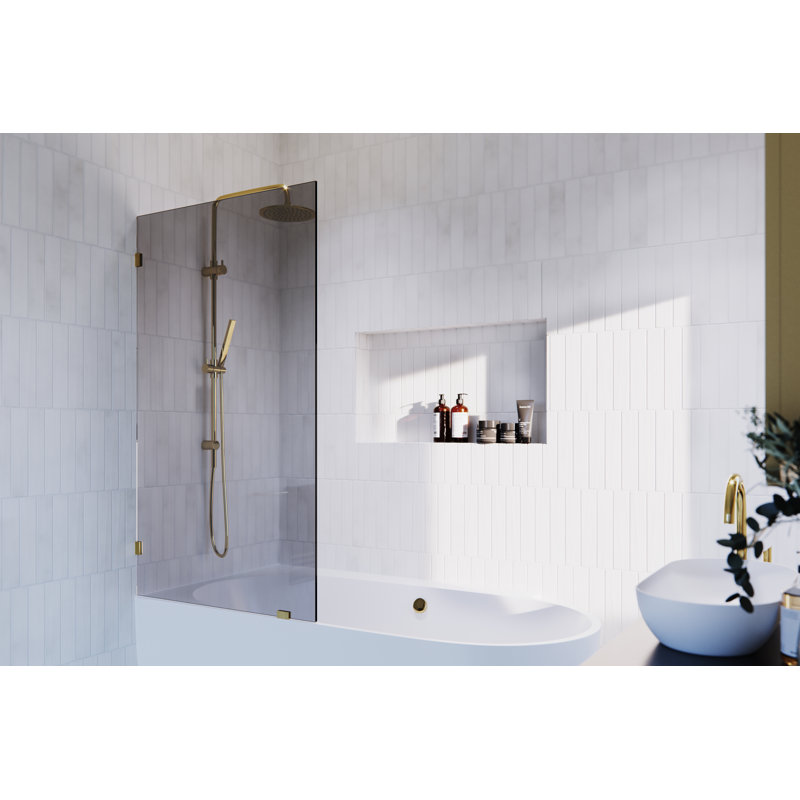 Ursa 34 in. x 58.25 in. Frameless Gray Tinted Single Fixed Bath Panel, Polished Brass