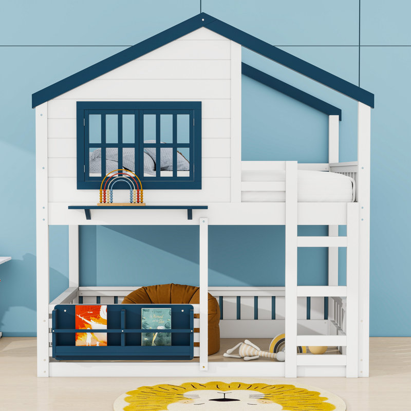 Lit superposé House avec espace multifonctionnel et fenêtre, Lit superposé double sur double, Bleu blanchi