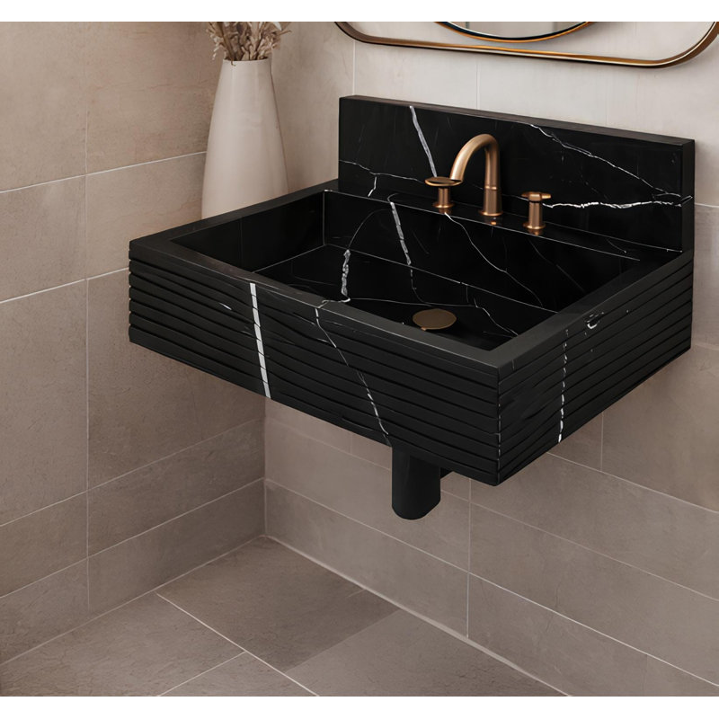 Lavabo mural en marbre noir ciselé à la main Nero Marquina - taille personnalisée - 32 po x 16 po x 8 po