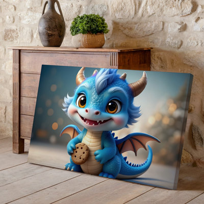 Reproduction d'art d'un charmant dragon bleu moelleux avec de grands yeux expressifs et de l'art mural