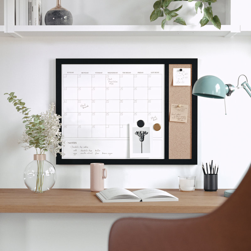 Thomas Martha Stewart Magnetic Dry Erase Monthly Calendar and Cork Board Combo with Included Marker, Magnets, Black