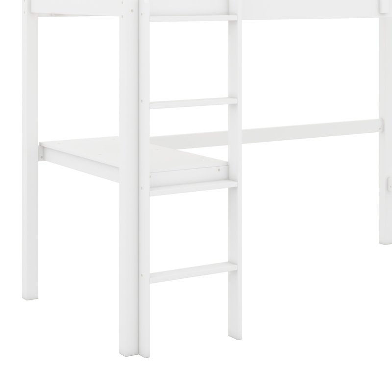 Twin High Loft Bed, Rubber Wood Loft Bed With Safety Guardrail, Built-In Desk, Ladder, White