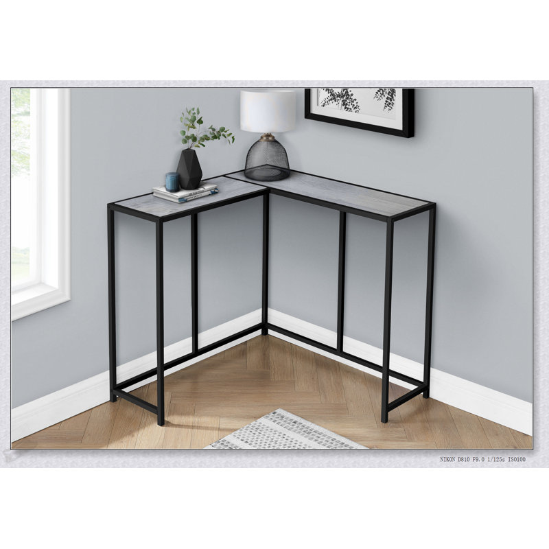 Table de coin étroite en stratifié gris avec base en métal, parfaite pour les entrées modernes et les petits espaces, Gris