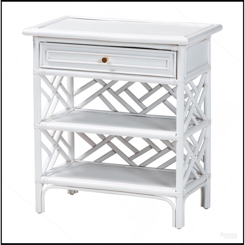 Table de chevet en rotin naturel avec tiroir et tablettes - Table de chevet de style Chippendale