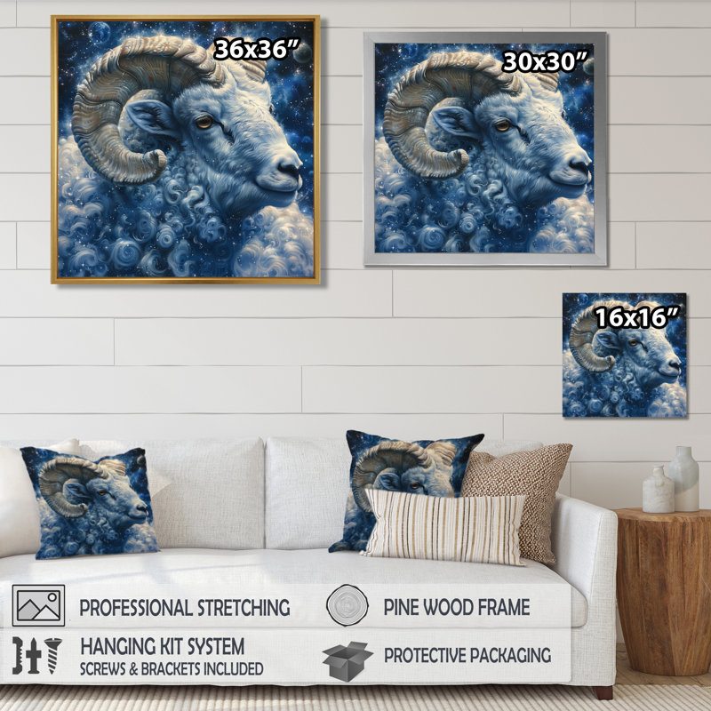 «White Blue Astrology Cosmic Explorer Aries - Astronomie Aries», reproduction d'art murale, Toile tendue, H 16 po x l 16 po