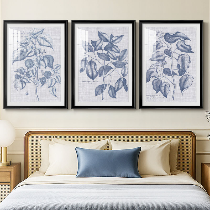 Bleu marine et lin botanique VI - reproduction sur mesure encadrée de qualité supérieure - 3 pièces, Noir, H 19 po x l 27 po