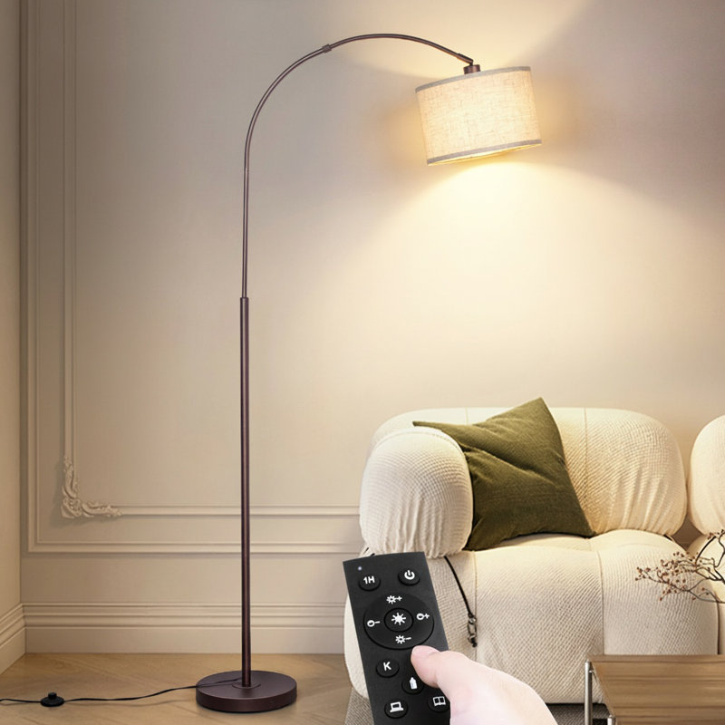 Arc Floor Lamp With Remote, Modern Standing Lamp For Living Room With Stepless Dimmable Bulb, Drum Shade, Foot Switch, Tall Floor Lamp For Farmhouse Bedroom Night Stand (Brown)
