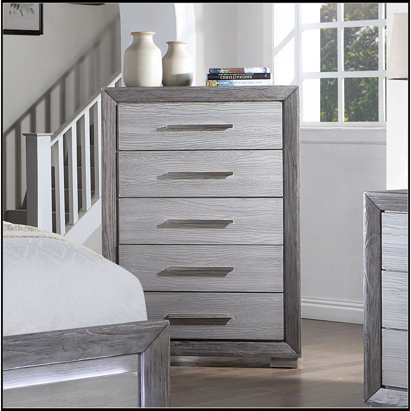 1pc Commode de style transitionnel, pieds en métal, glissières à billes, poignées de bar, finition grise