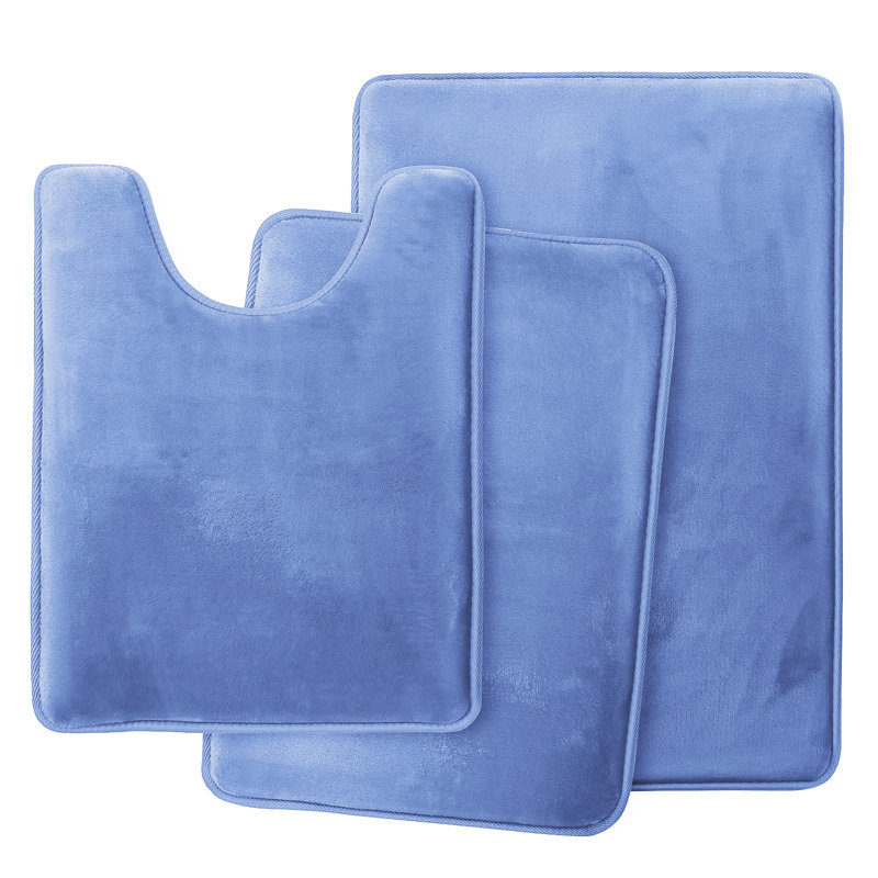 Ensemble de 3 tapis de bain en mousse viscoélastique ultra doux et absorbant avec envers antidérapant Aighan, Bleu calme