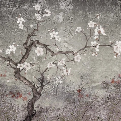 Murale arbre de fleurs de cerisier gris