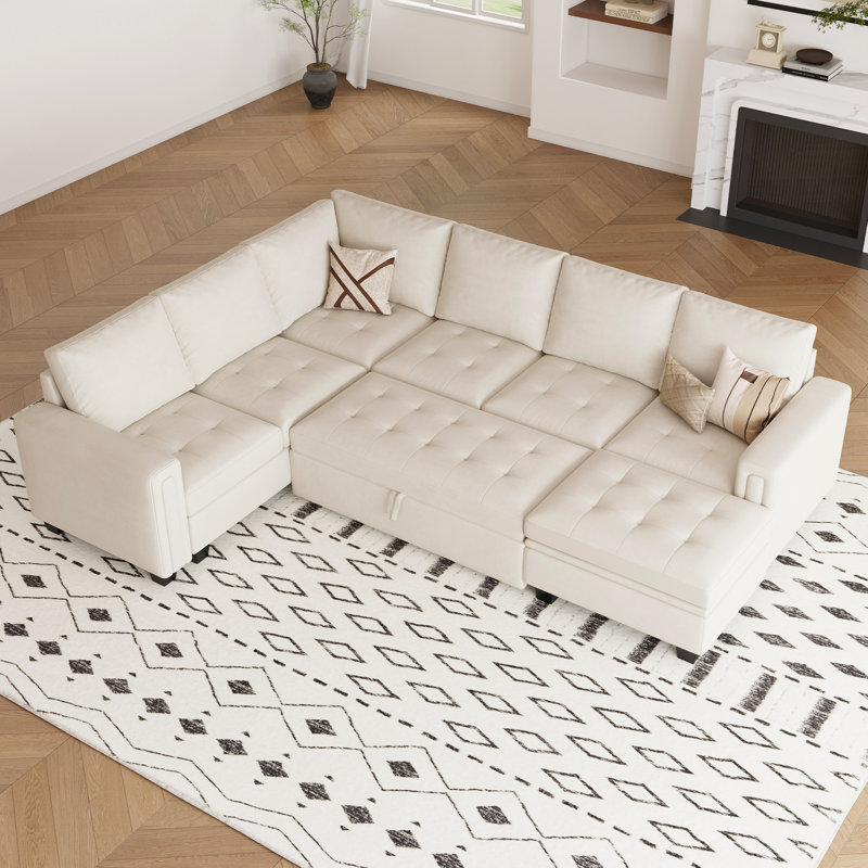 Shavera Velvet L Shaped Sectional Sofa Bed Sleeper Couch With Storage Ottoman, Beige Velvet