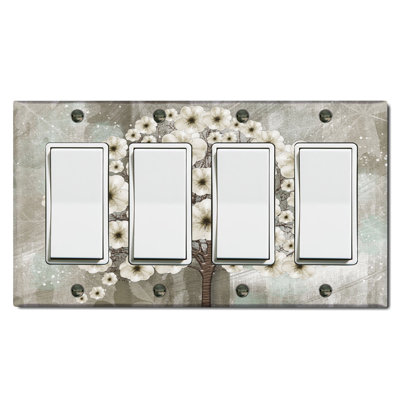 Metal Light Switch Plate Outlet Cover (White Flower Branch Tree Gray - Quadruple Rocker)