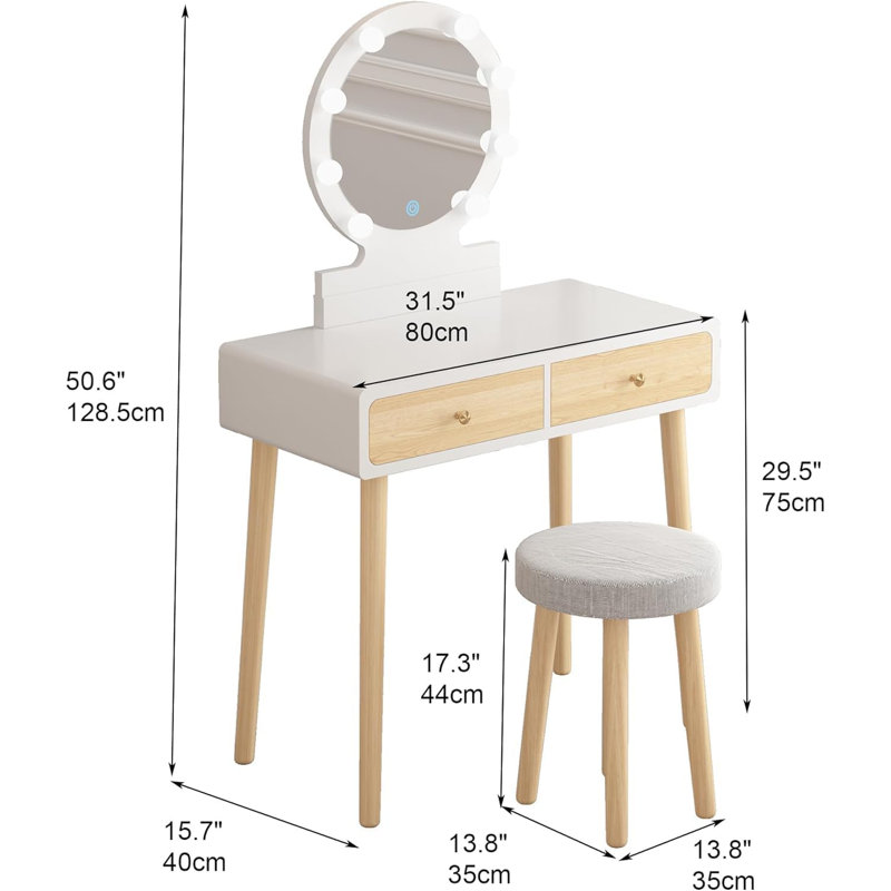 Meuble-lavabo blanc avec tabouret - équipé d'un miroir lumineux tactile