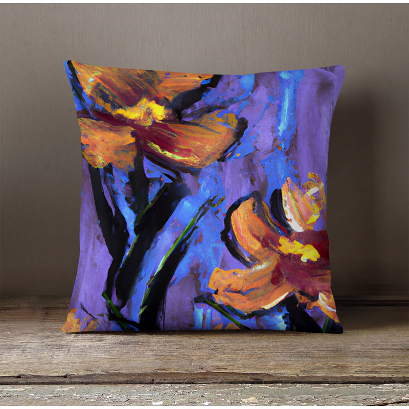 Throw Pillow With Insert, Orange/Purple Floral 5, 18"H x 18"W