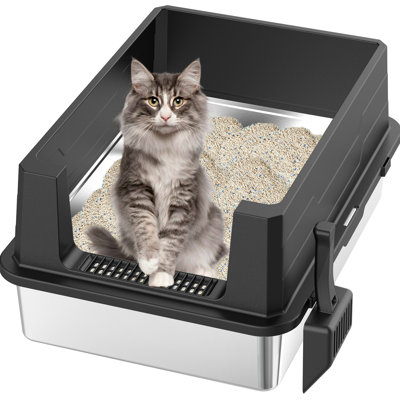 Stainless Steel Cat Litter Box, Big - Sized, Coverless, Smooth Surface For Simple Wiping, Odor , High Sided To Keep In With Hanging Hook, Black And Silver, Washable, 28.26 Deep, 20.07 Wide, 11.49