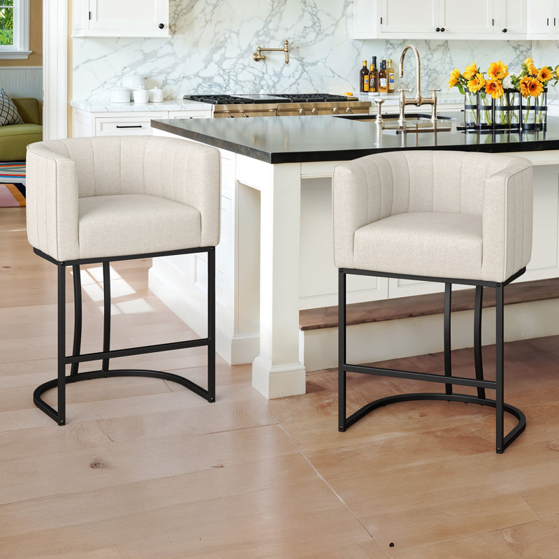 Kuenn 26.4" H Counter Height Bar Stools Set Of 2, Modern Barrel Counter Stools With Backrest And Arms, Metal Legs, Upholstered Accent Barstools For Kitchen Island