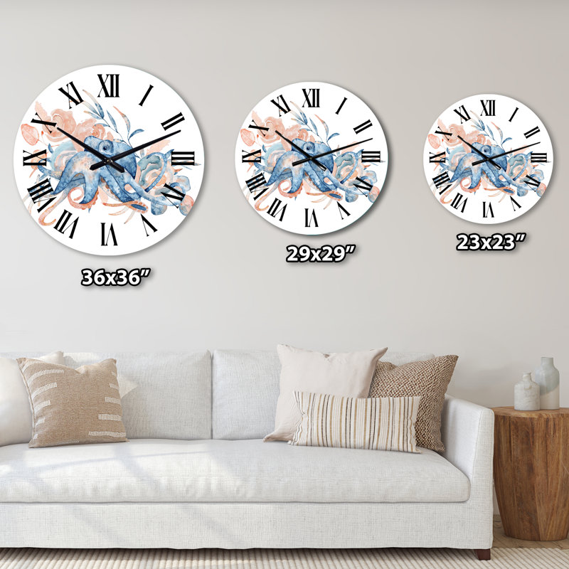 Pieuvre bleue avec fleurs roses - horloge murale nautique et côtière, Moyen