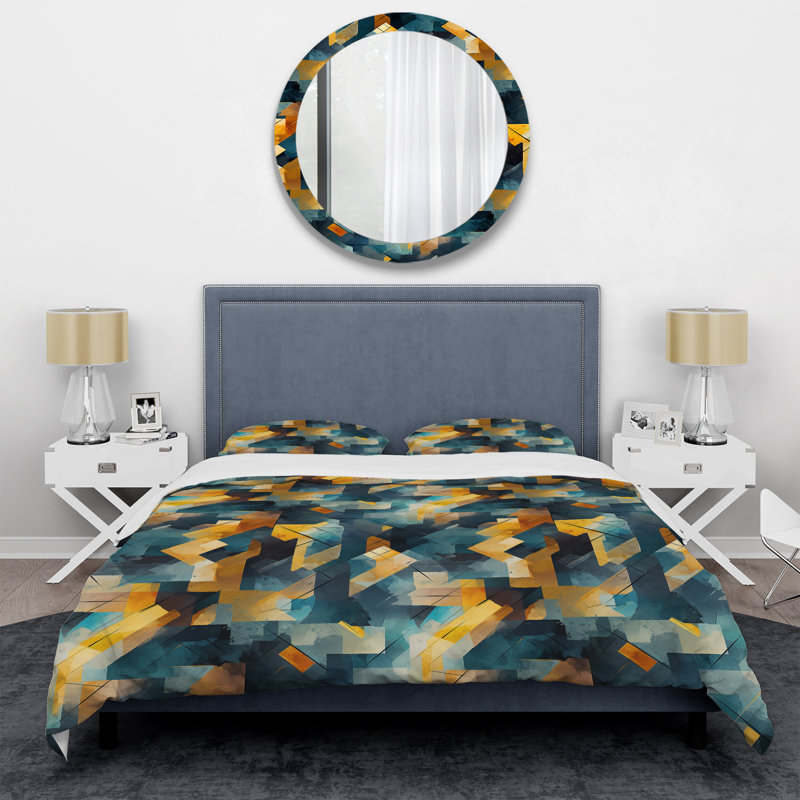 Literie géométrique beige et bleue I, Housse de couette pour grand lit et 2 taies décor
