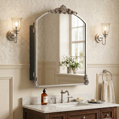 24" X 16" Arched Baroque Metal Medicine Cabinet with Mirror and Removable Ornaments