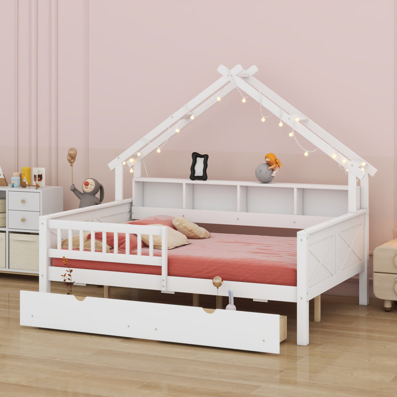 Lits plateforme en bois avec DEL, tablettes de rangement, tiroirs et garde-corps, Blanc