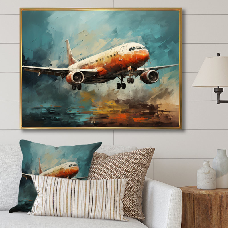 Voyage en avion sur toile, H 24 po x l 32 po x P 1 po, Cadre flottant doré
