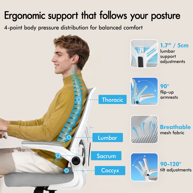  Mesh Office Chair Adjustable Lumbar Support Swivel Tilt Executive Game, Grey, White