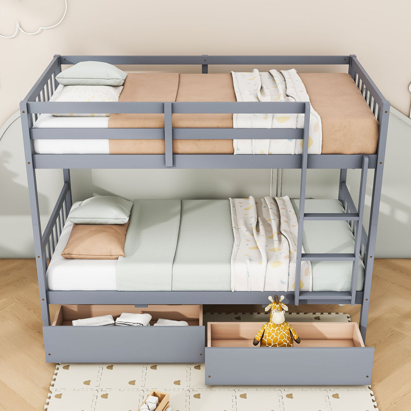 Rubber Wood Bunk Bed With Two Drawers, Twin Over Twin, Gray