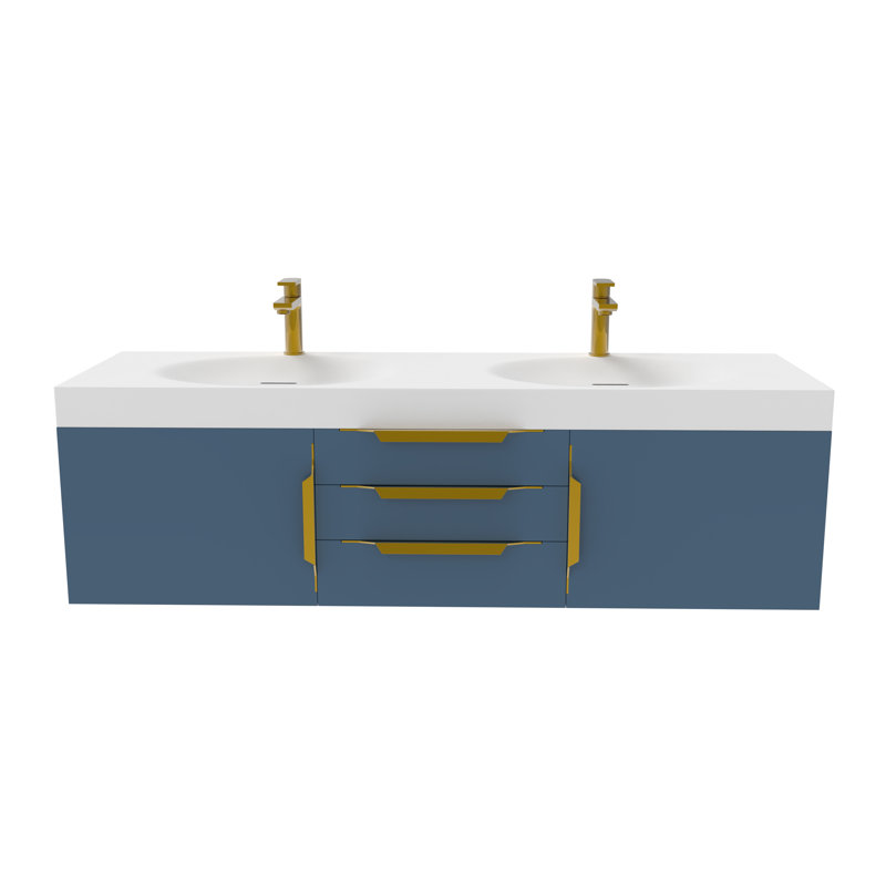 Meuble-lavabo mural double l 60 po x P 19 po x H 17,75 po Velkan, Blanc, Bleu, Or