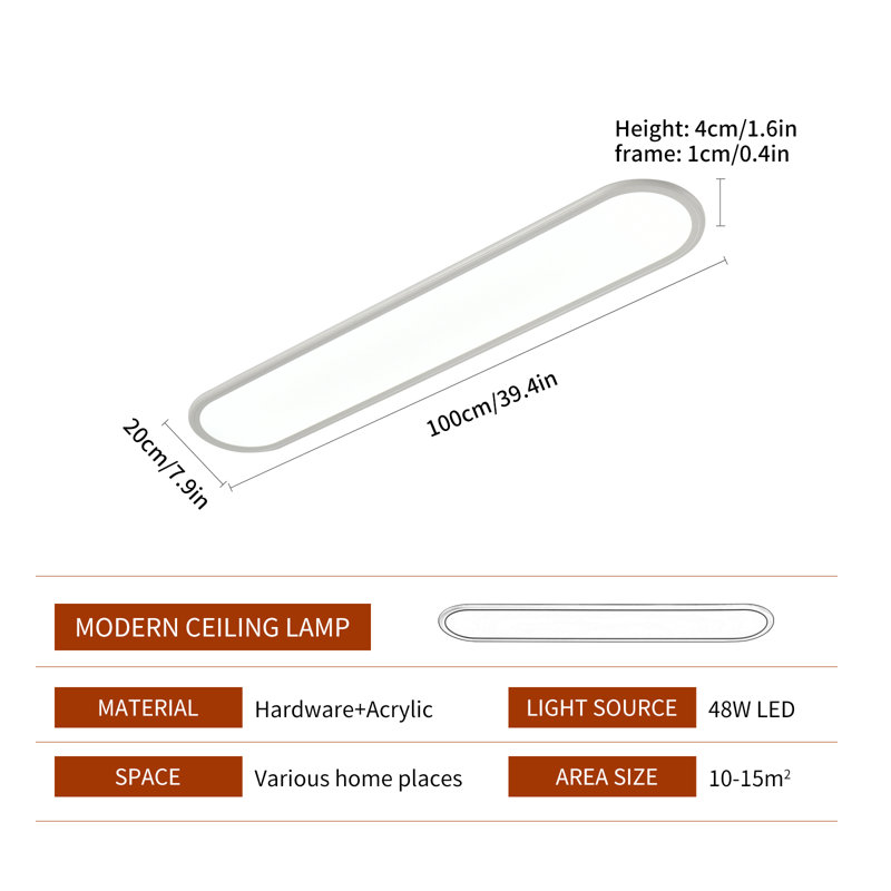 Deshunda 1 - Light Acrylic LED Flush Mount, White, 1.6'' H X 39.4'' W X 7.9'' D"