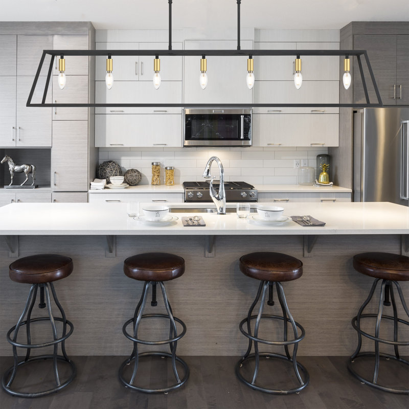 7 - Light Steel Dimmable Kitchen Island Rectangle Chandelier UL Certified, Aged Zinc/Satin Brass